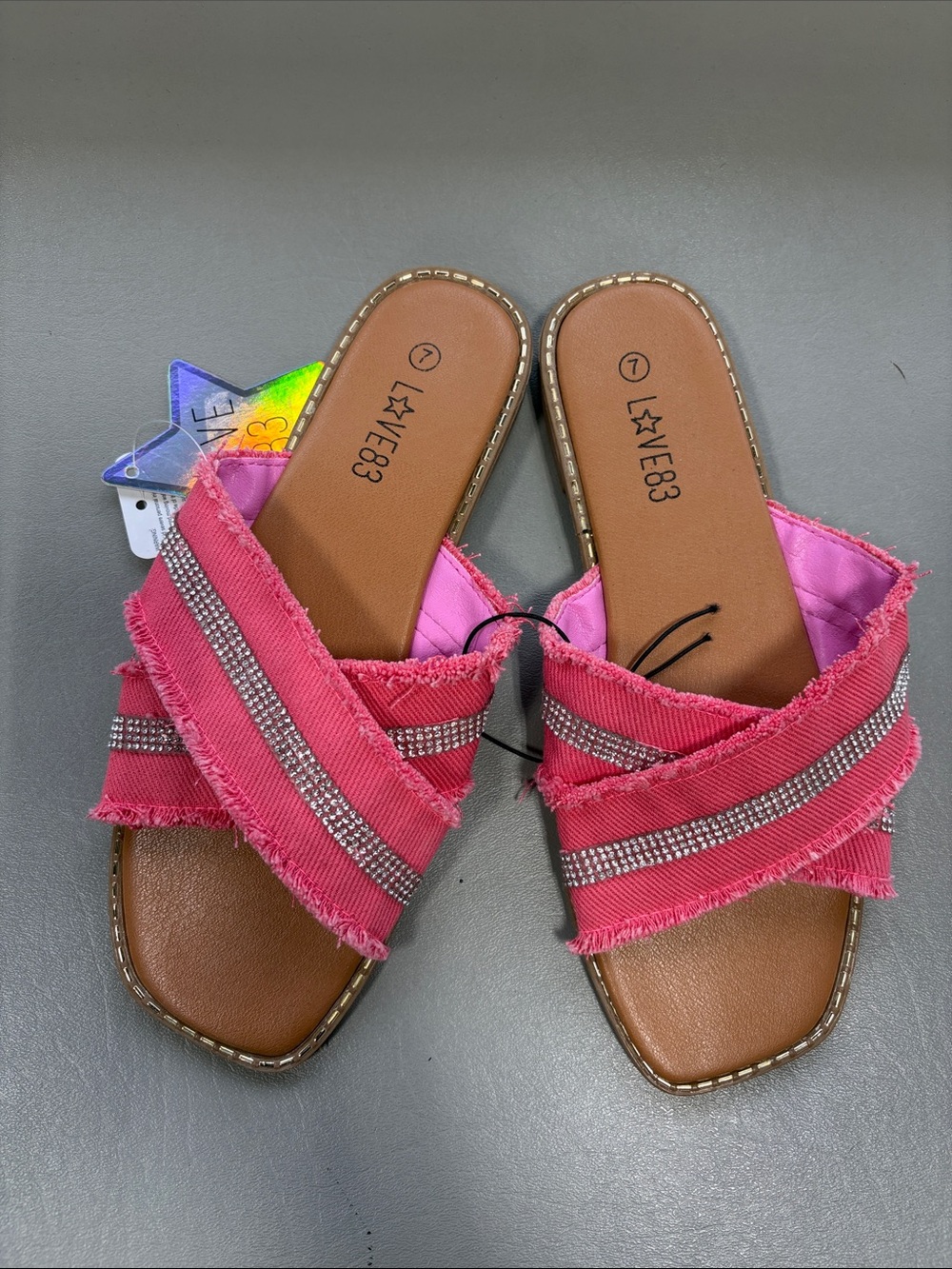 NWT Love83 Pink Crisscross Slide Sandals with Rhinestone Straps